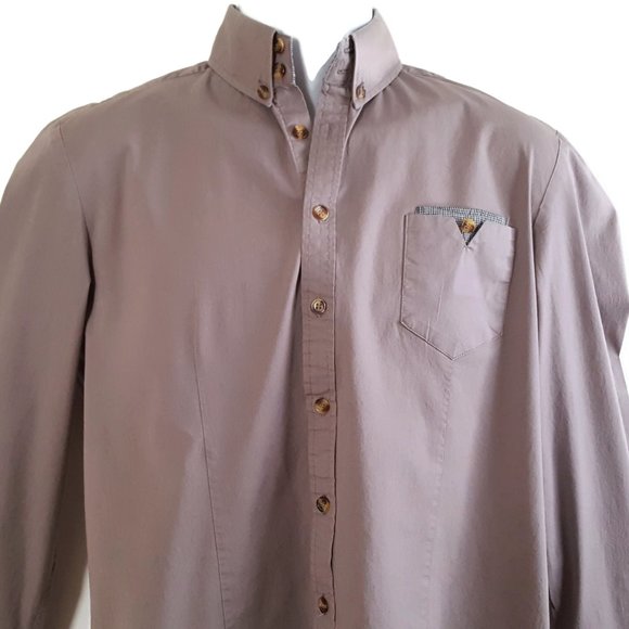 TOMSWARE Men's S Fitted Shirt Brown Button Pocket Long Sleeve Drop Tail Cotton - Picture 2 of 12